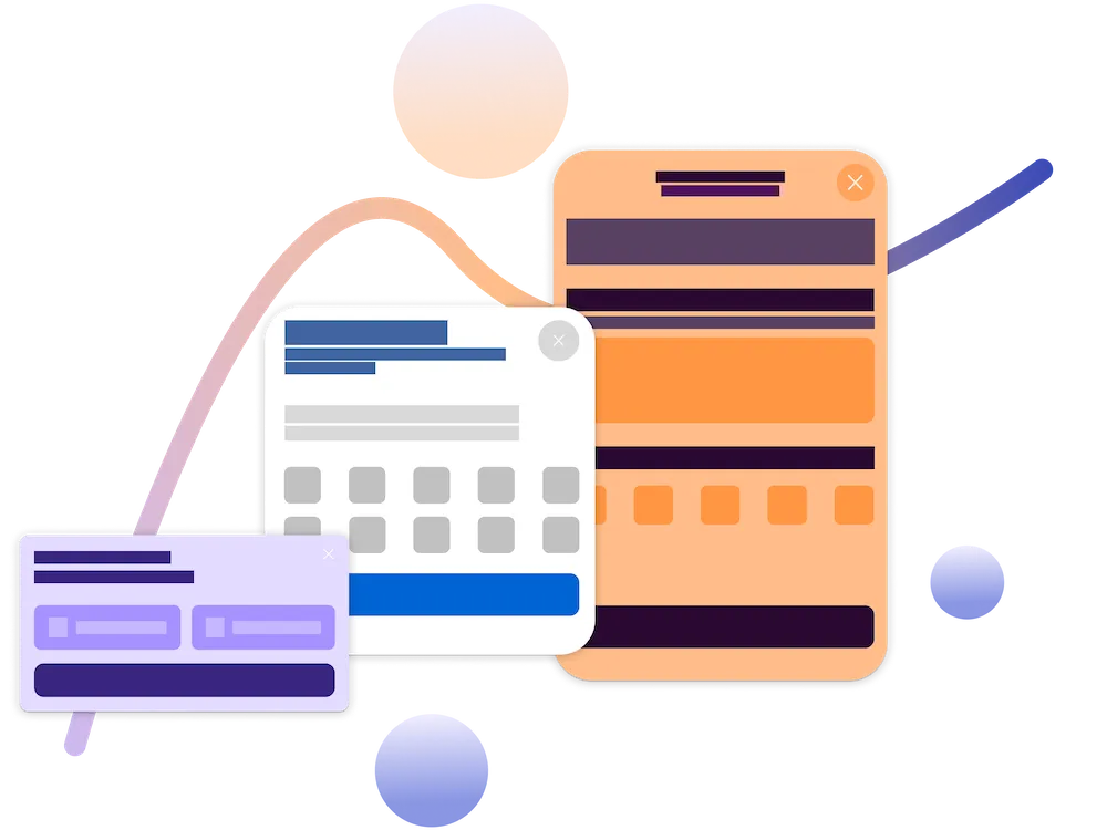Visual abstract representations of a toast, sheet and fullscreen survey.