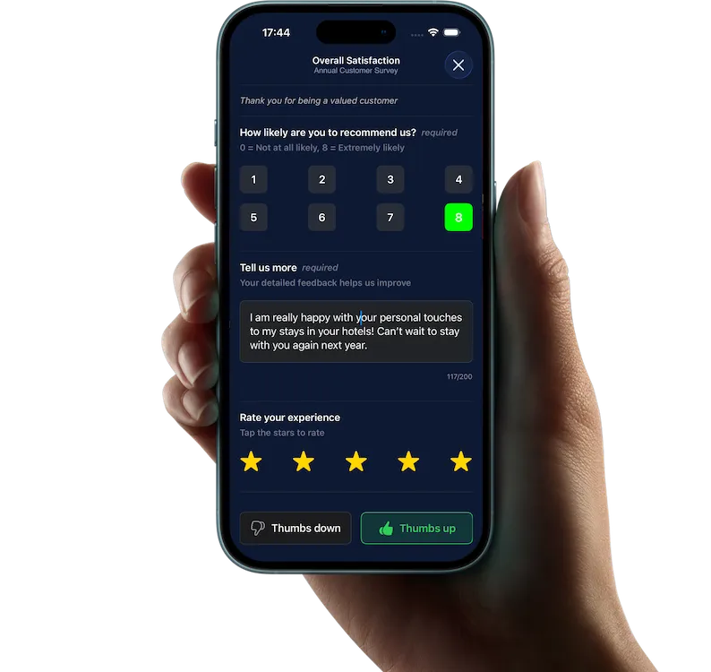 Feature screenshot of a hand holding an iPhone displaying a survey in a hotel app