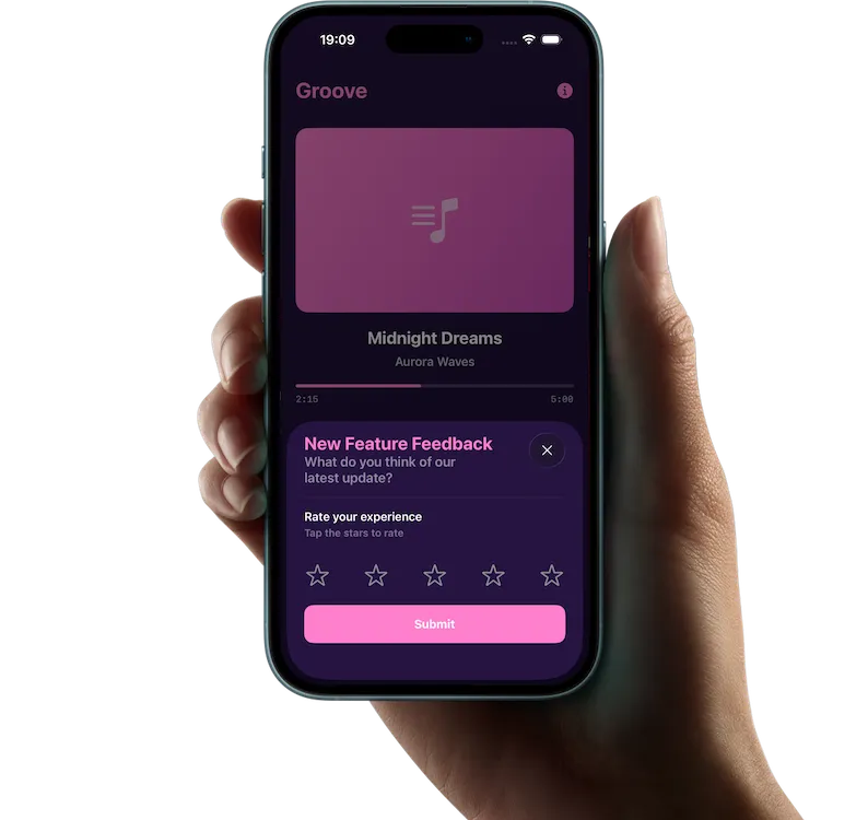 Feature screenshot of a hand holding an iPhone displaying a survey in a music app