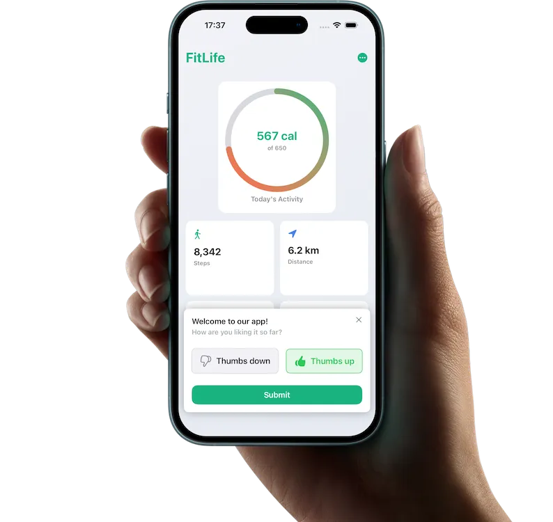 Feature screenshot of a hand holding an iPhone displaying a survey in a sports app